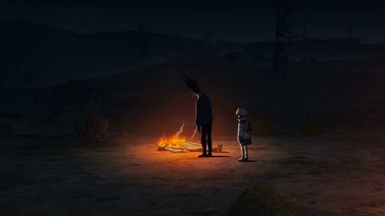 A frame from the Cyberpunk: Edgerunners 2 teaser showing two figures beside a fire