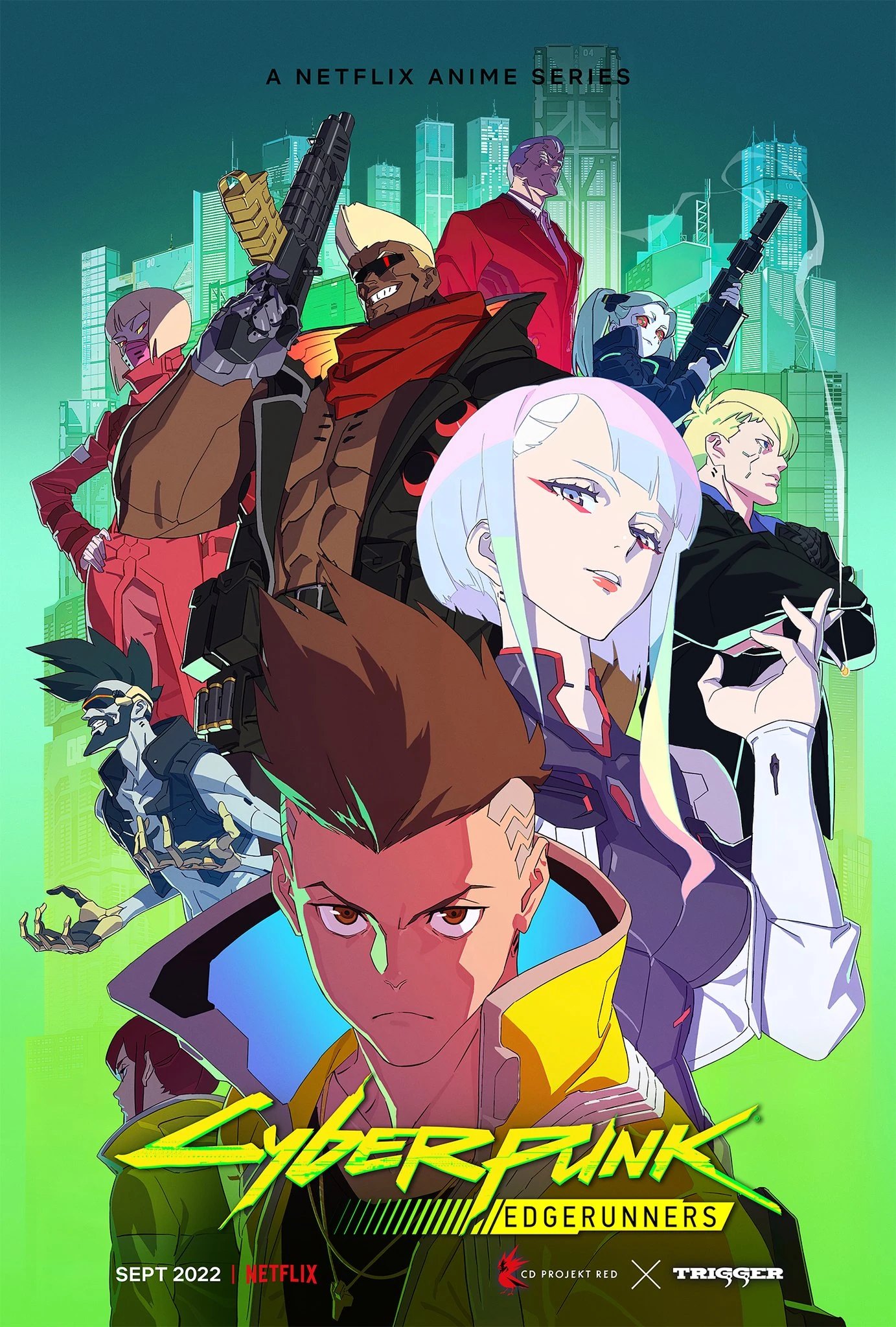 Cyberpunk: Edgerunners 2022 key art featuring the original cast