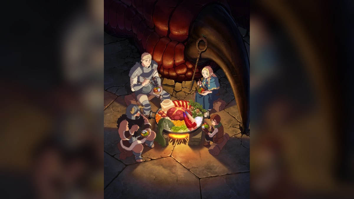 Laios, Marcille, Senshi, and Chilchuck cooking a meal from dragon meat in the Delicious in Dungeon anime key visual