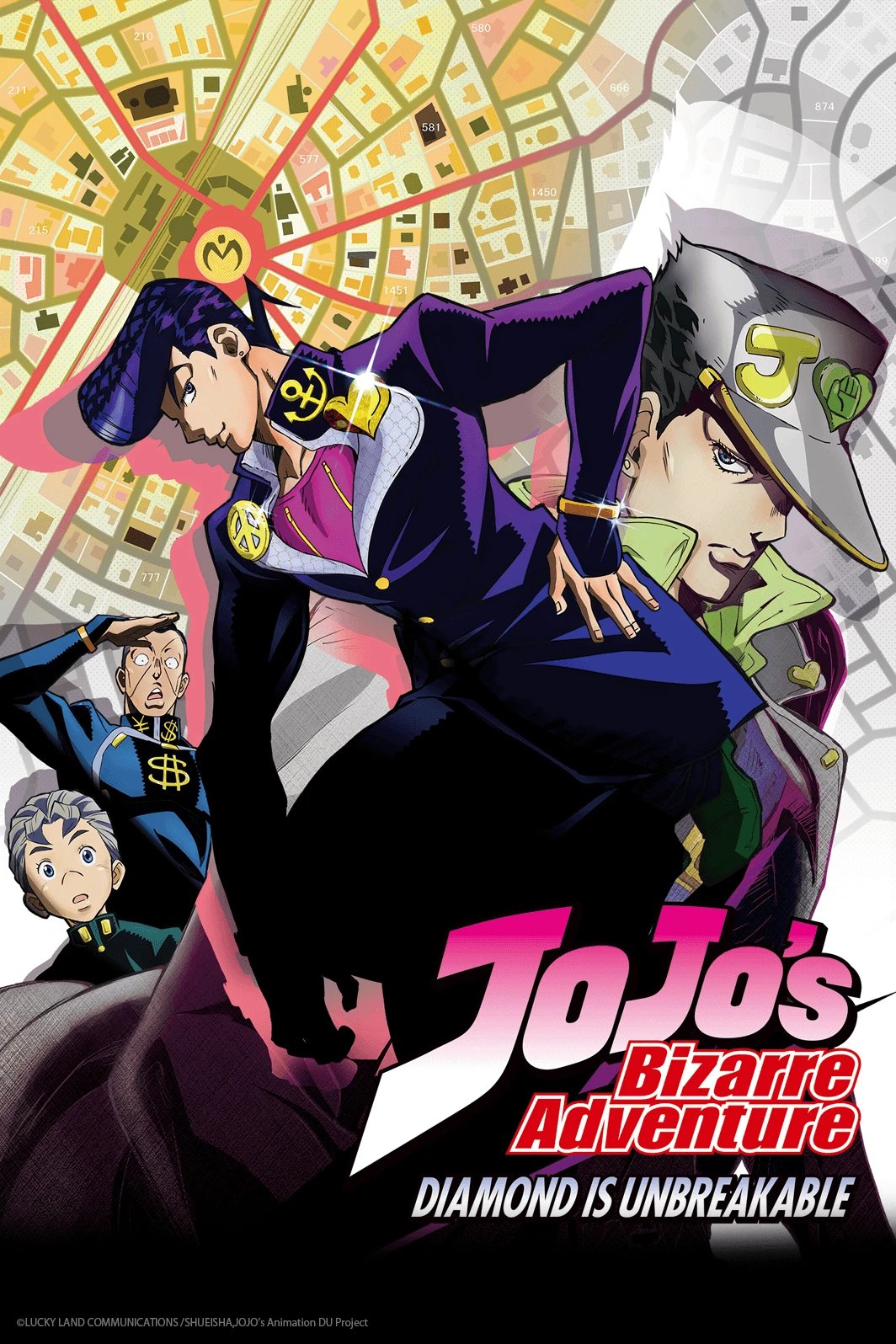 Key visual for Diamond is Unbreakable featuring Josuke Higashikata and the cast of Morioh