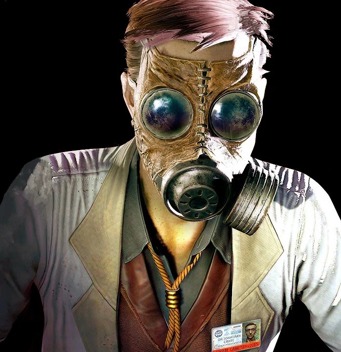 Jonathan Crane in a lab coat wearing a gas mask and goggles