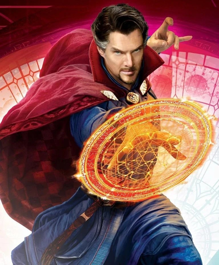 Doctor Strange holding up a glowing orange mandala energy shield in the MCU