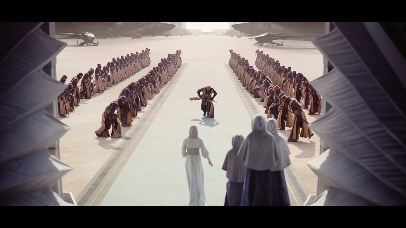 Massed ranks lining a ceremonial hall in the Dune: Part Three trailer