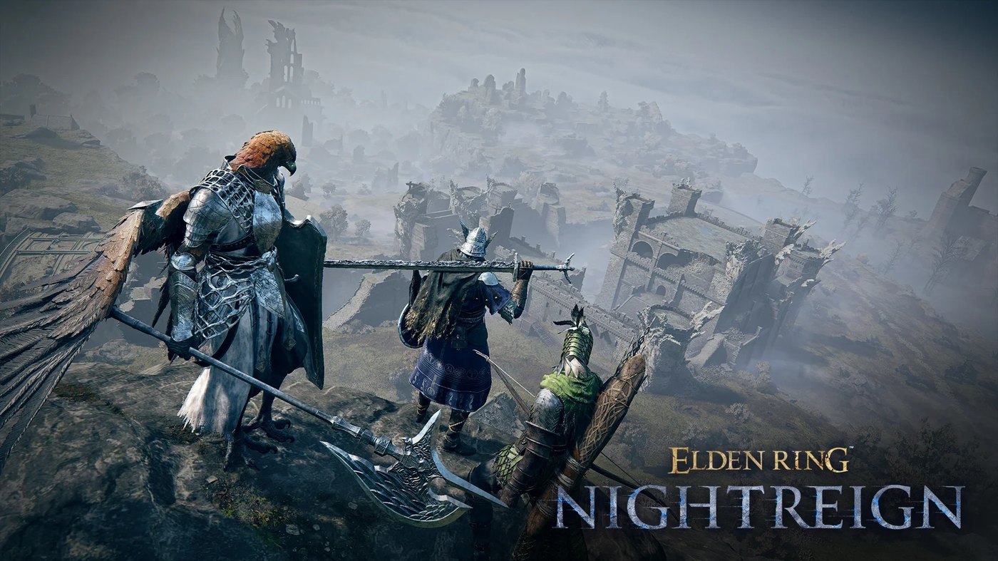 Two Nightfarers walking together across a bridge toward a boss arena in Elden Ring Nightreign