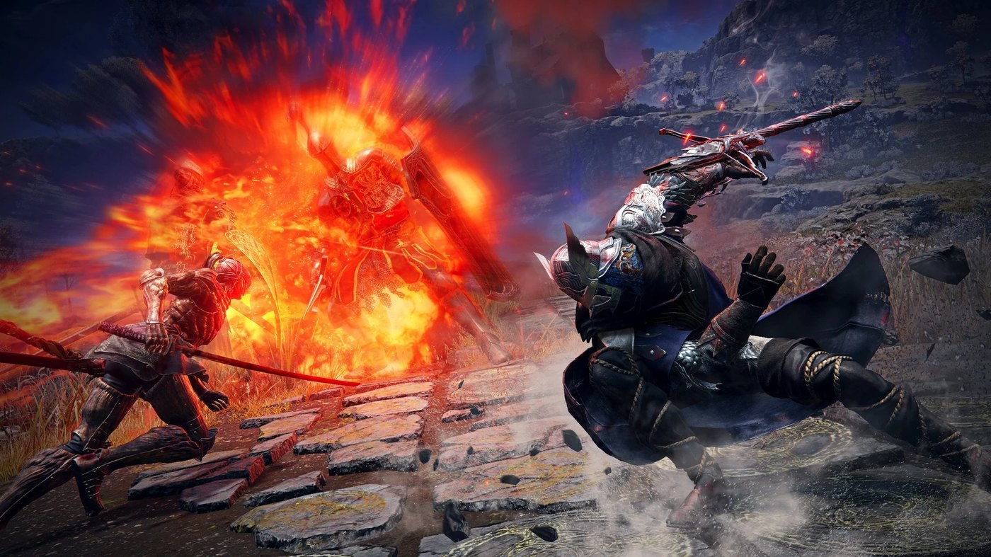 Two Nightfarers fighting a fiery boss together in Elden Ring Nightreign