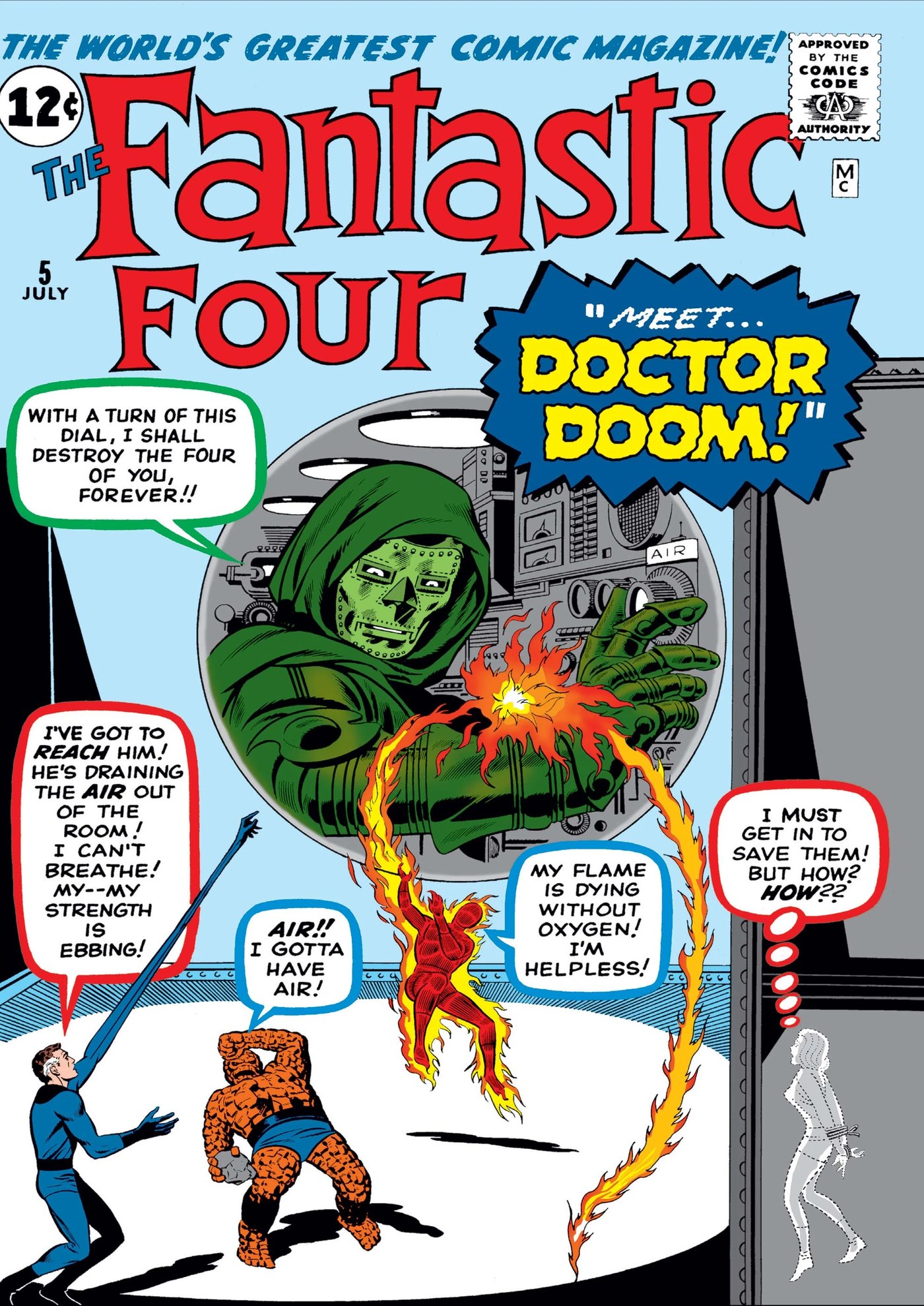 Fantastic Four number 5 cover, the first appearance of Doctor Doom in 1962