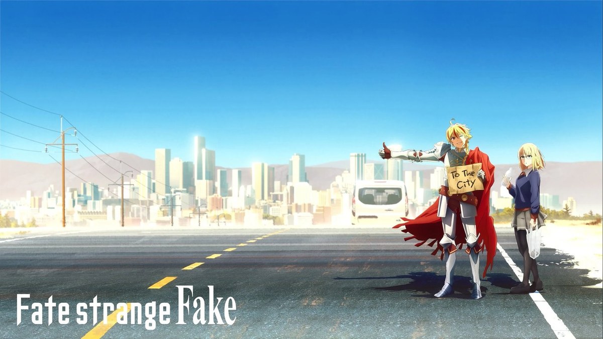 Fate/strange Fake key visual showing Saber and Ayaka Sajyou outside Snowfield