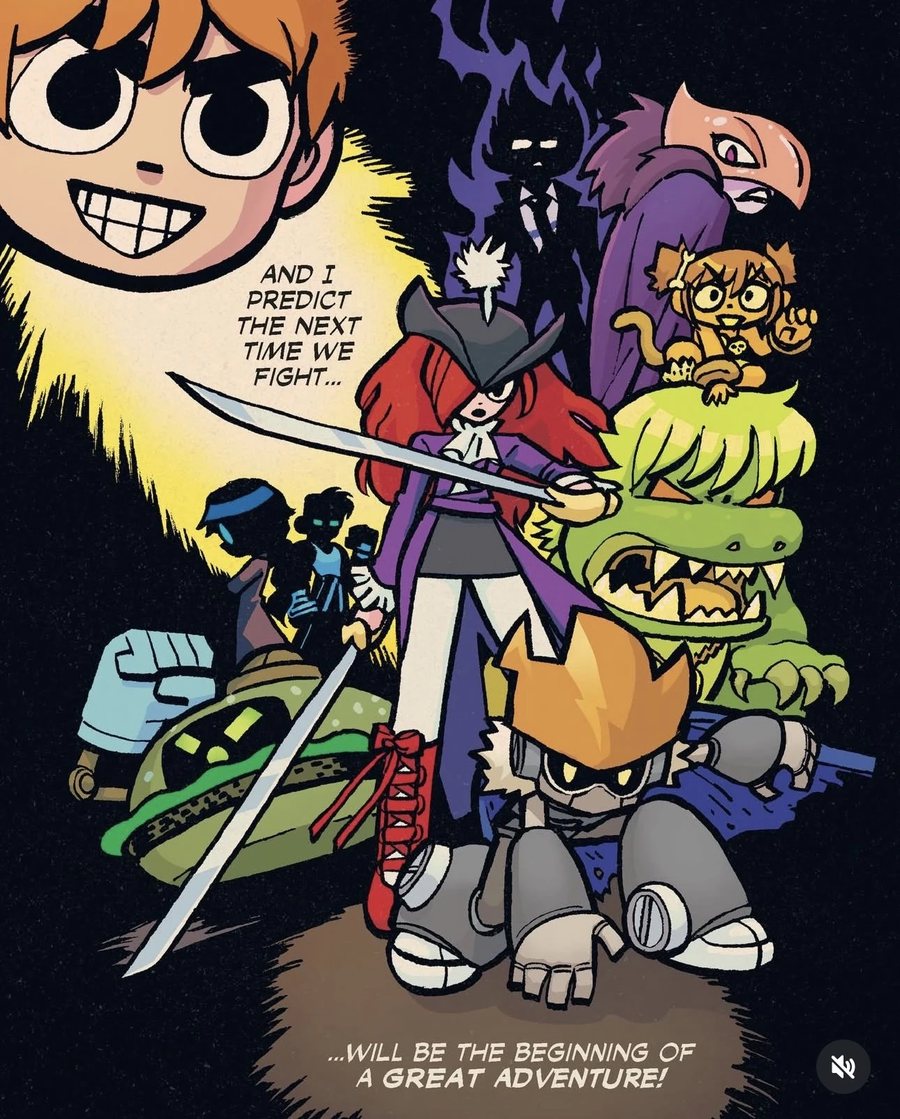 Final teaser page of Dawn of Metal Scott showing Metal Scott kneeling before a lineup of characters