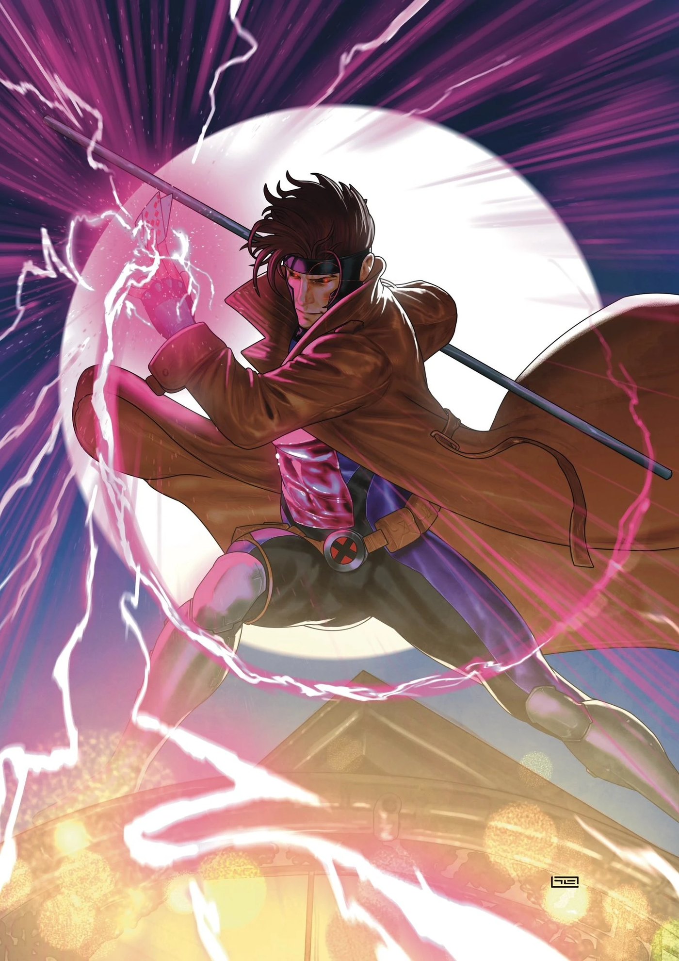 Gambit charging a playing card with kinetic energy, X-Men insignia on his belt