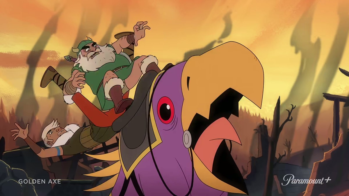 A vulture-type Bizarrian at 0:14.3, with a rider being thrown clear. Frame from the official trailer. &copy; Paramount+ / Sega.