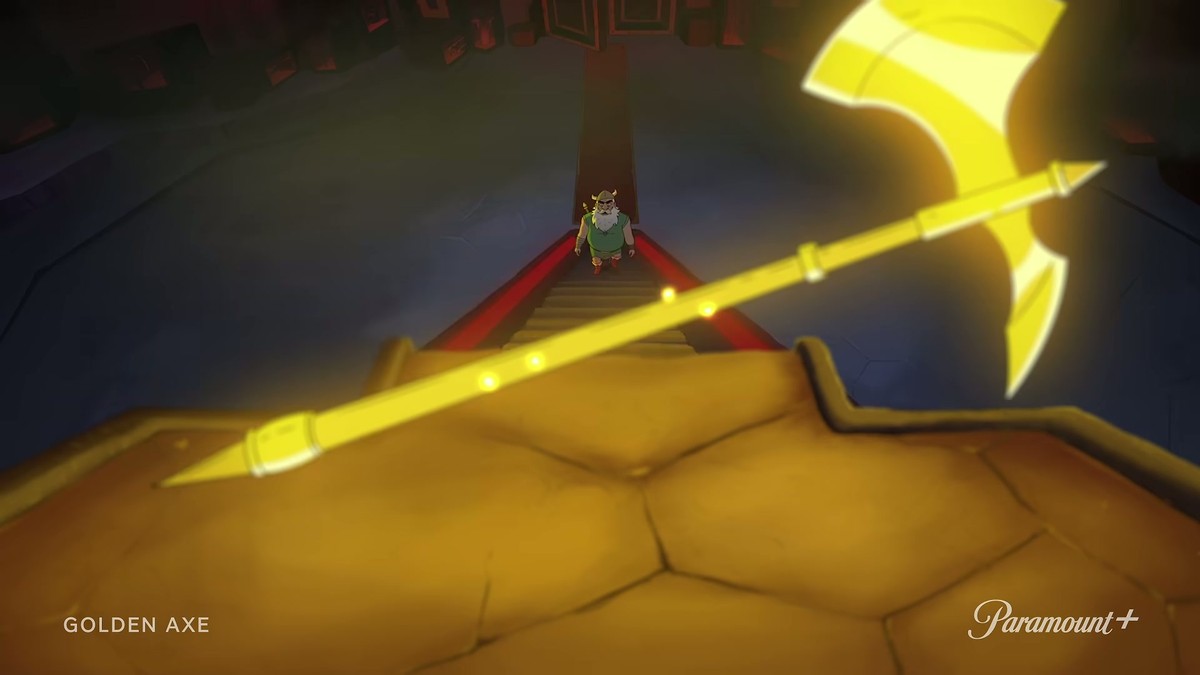 The Golden Axe on its altar at 0:52.9. Frame from the official trailer. &copy; Paramount+ / Sega.