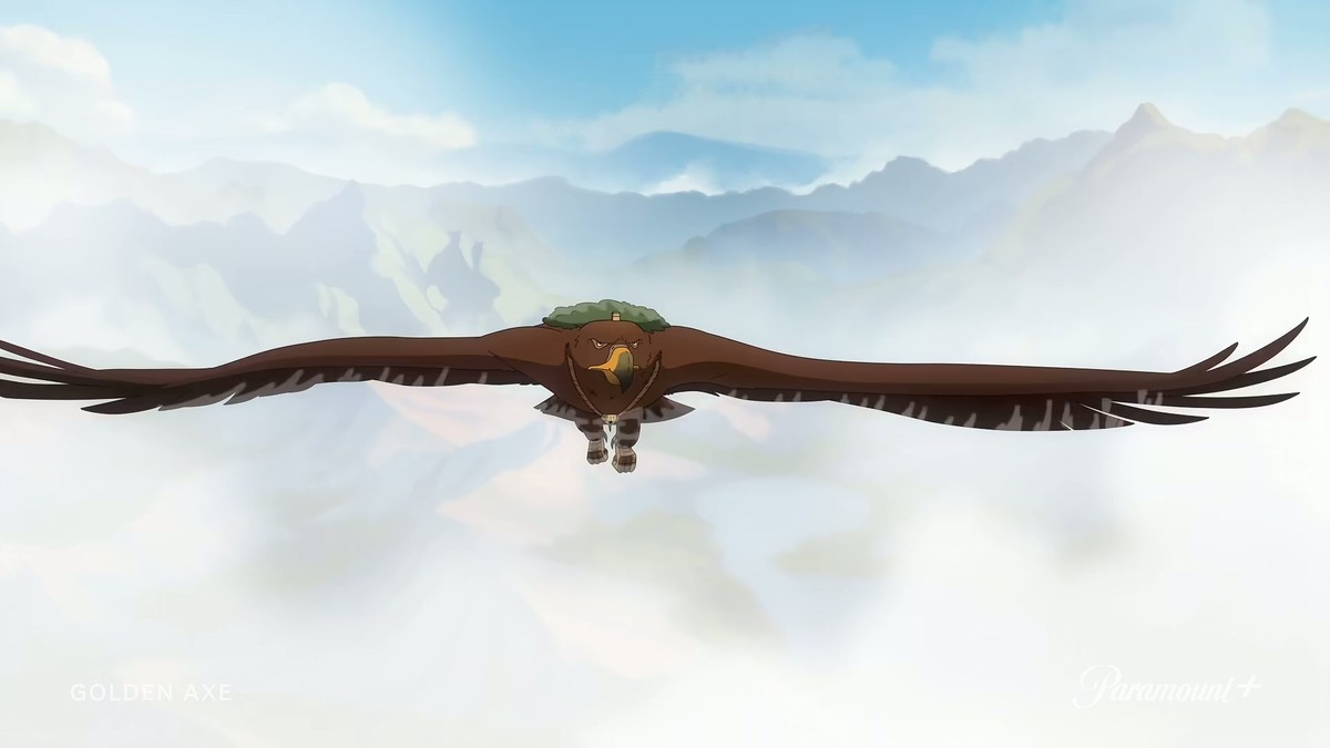 The saddled eagle at 0:00.6, the trailer’s first image. Frame from the official trailer. &copy; Paramount+ / Sega.