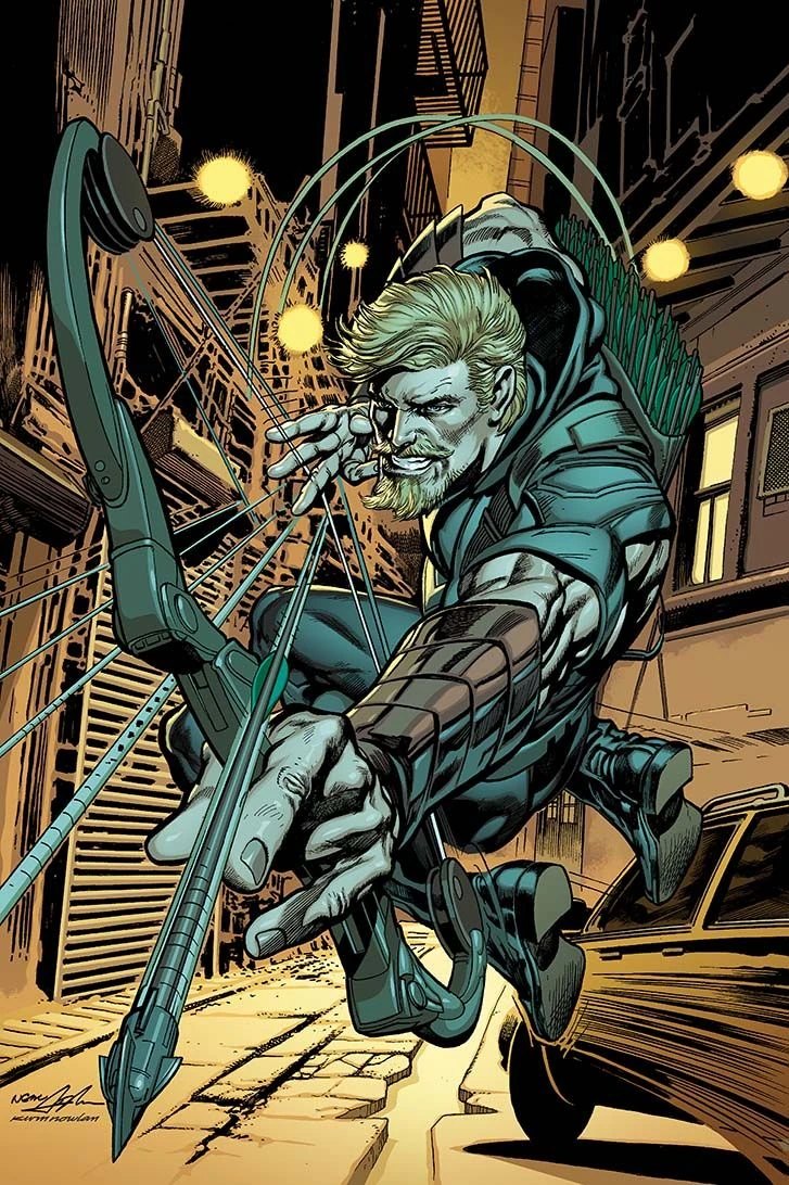 Green Arrow drawing his bow mid-leap in a dark alley, quiver full of arrows visible