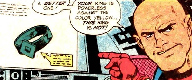 Classic Green Lantern comic panel referencing the ring being powerless against the color yellow
