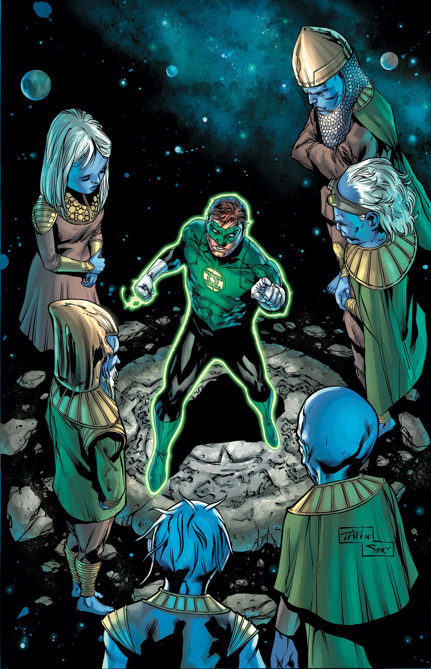 The Guardians of the Universe surrounding a Green Lantern on Oa