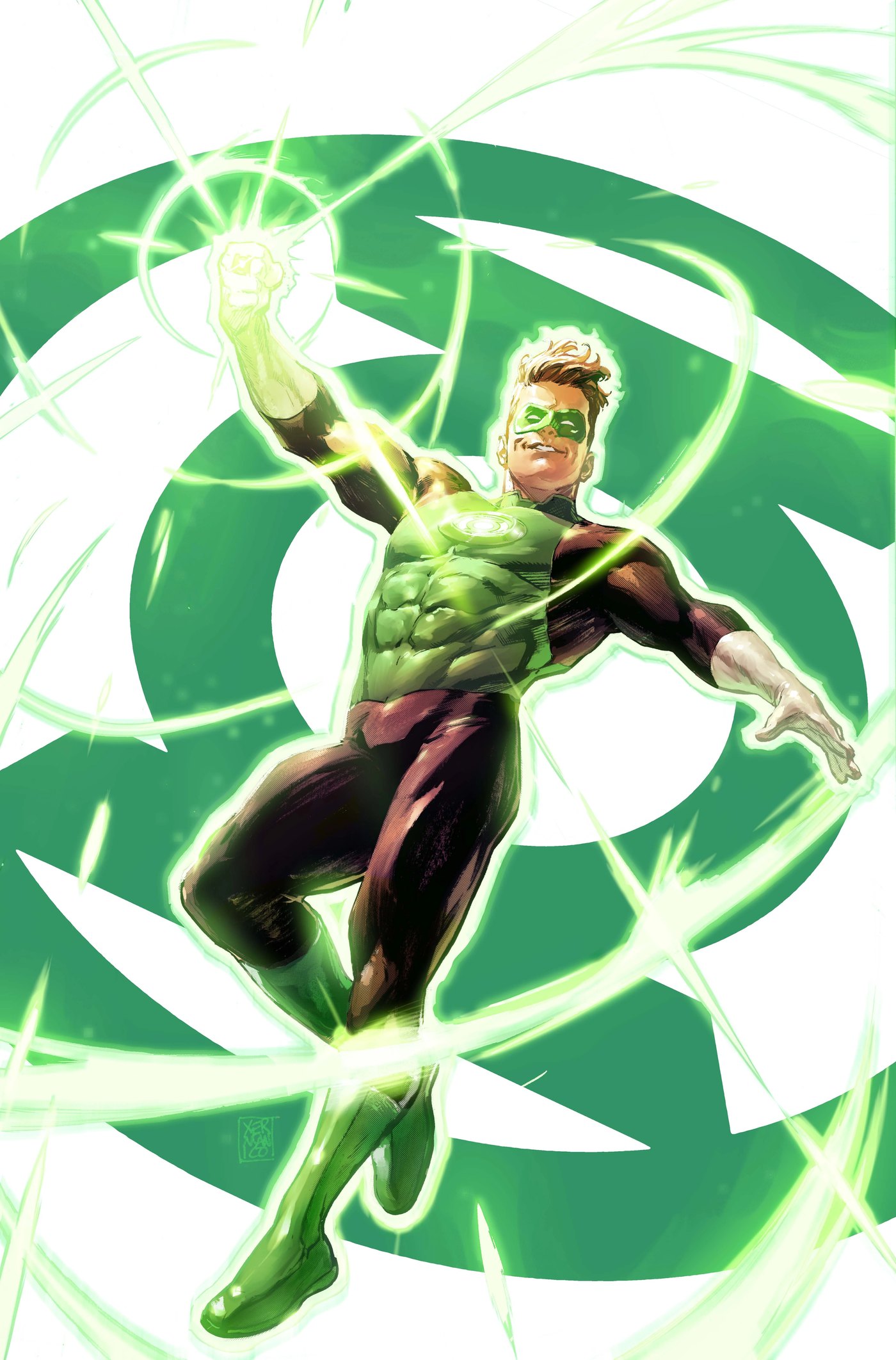 Comic art of Hal Jordan flying in his Green Lantern uniform