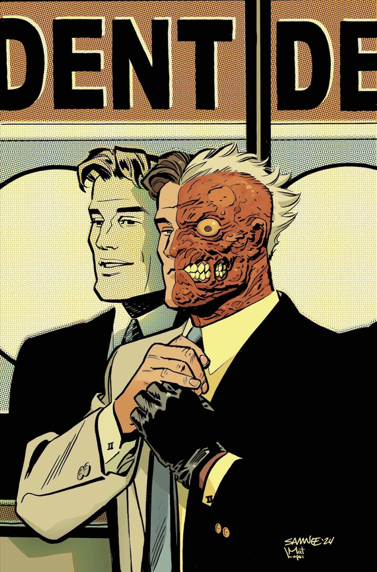 Harvey Dent shakes hands with his scarred Two-Face half beneath a DENT campaign banner