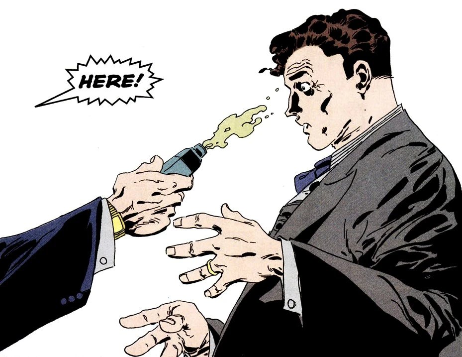 Comic panel showing acid thrown at Harvey Dent during a courtroom scene