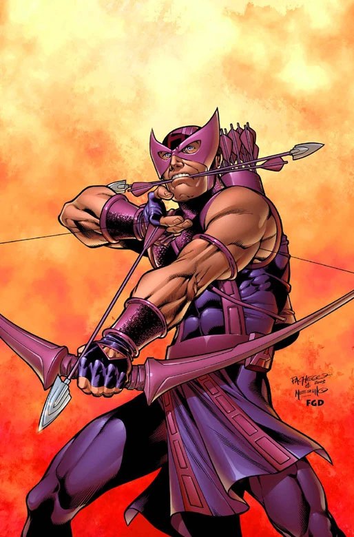 Hawkeye drawing back his bow with an arrow in his teeth, purple costume