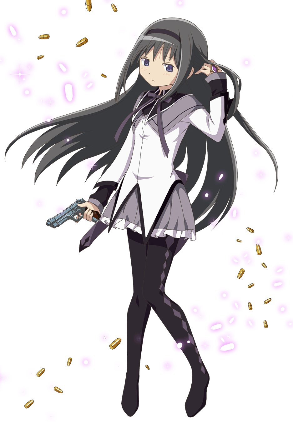 Homura Akemi from Puella Magi Madoka Magica holding a handgun