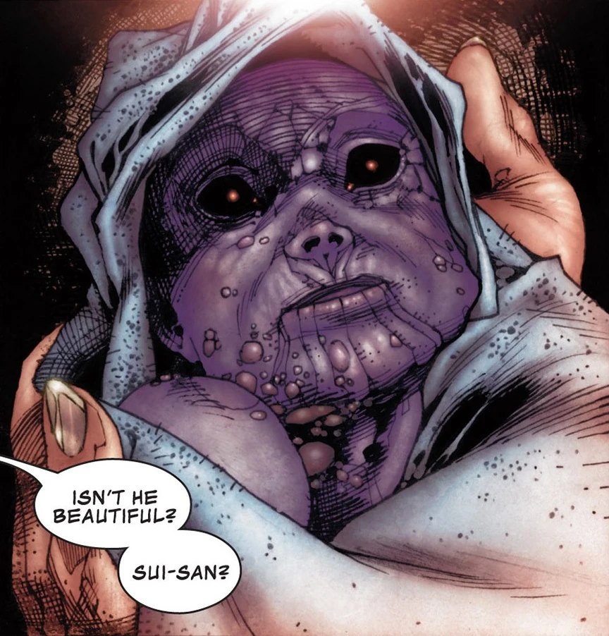 Close-up of infant Thanos on Titan showing the purple skin and deformed features caused by the Deviant Syndrome mutation
