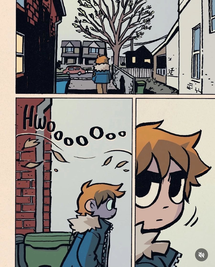 Interior page from the new Scott Pilgrim comic showing Scott spotting a shadowy figure on a Toronto street