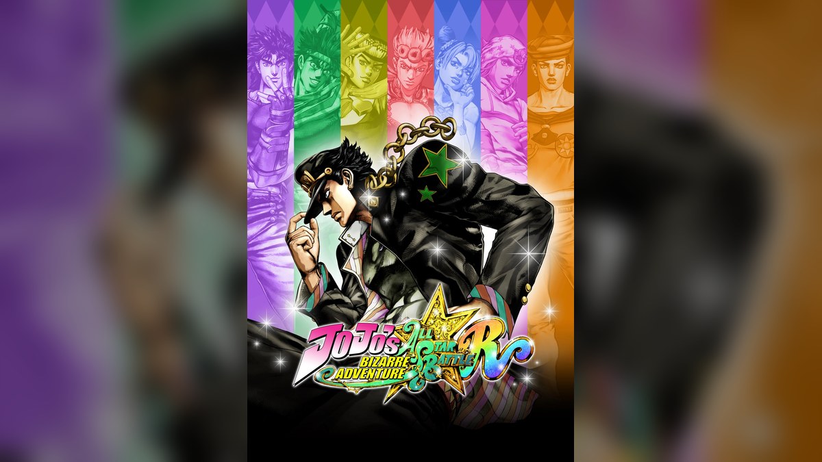 Illustrated key art showing Jotaro Kujo in the foreground with the other seven JoJo protagonists as colored silhouettes behind him