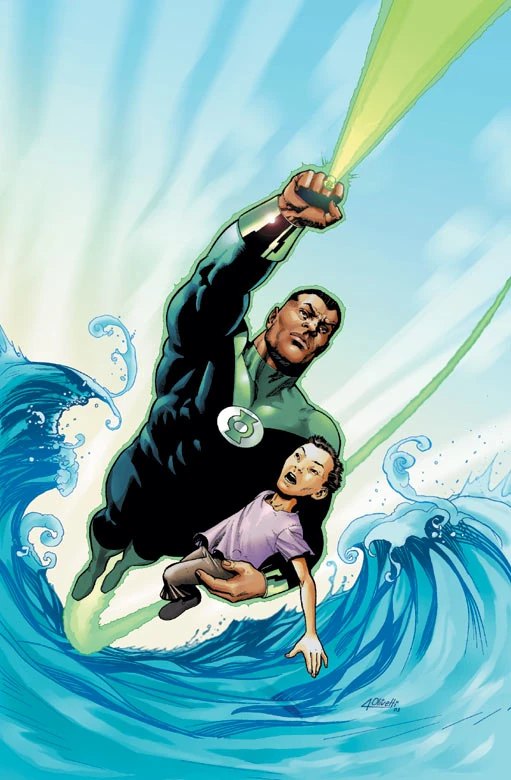 John Stewart in his Green Lantern uniform lifting a child from water
