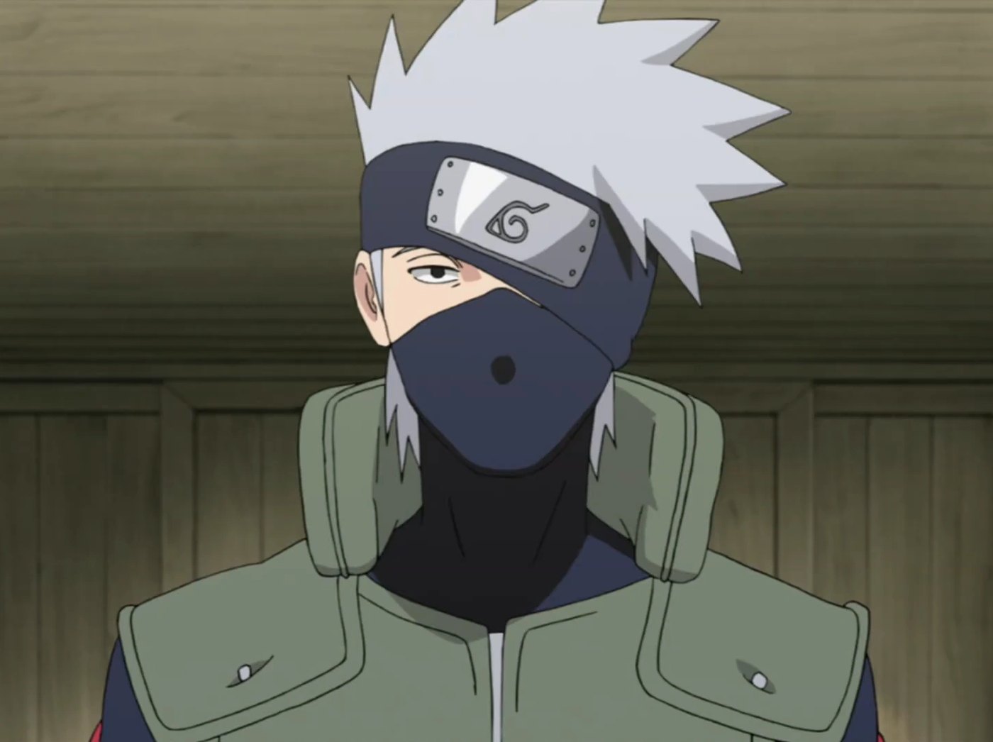 Kakashi Hatake in the Naruto anime, masked with his headband over his left eye