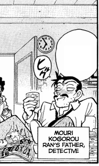 Manga panel introducing Kogoro Mouri, Ran's father and a detective