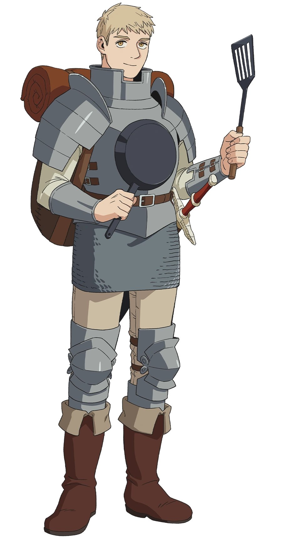 Laios Touden, the swordsman protagonist of Delicious in Dungeon, holding a frying pan and dagger