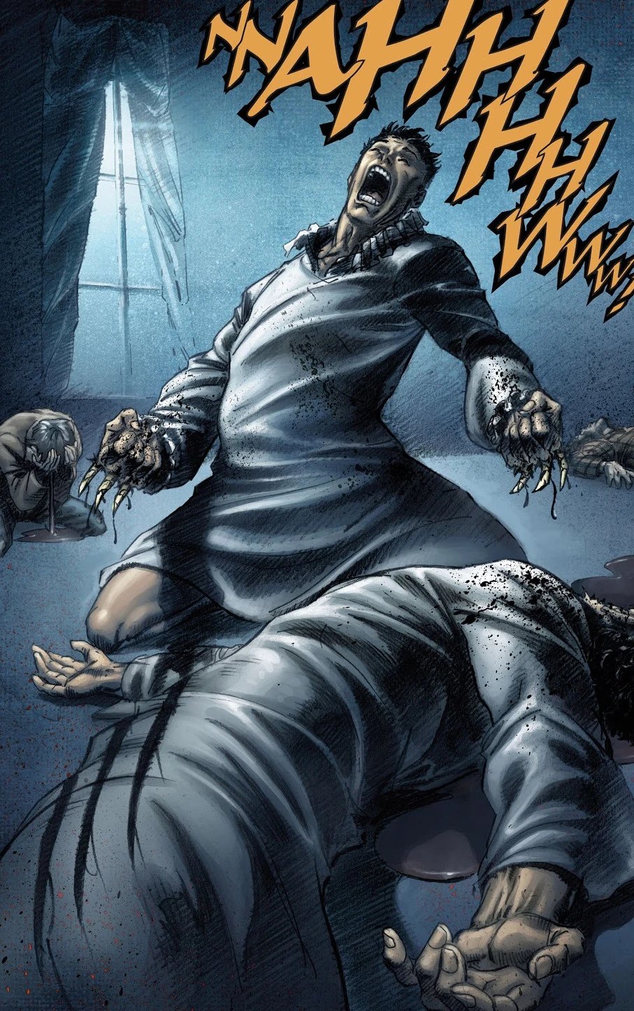 Logan crying out in agony as bone claws erupt from the backs of his hands
