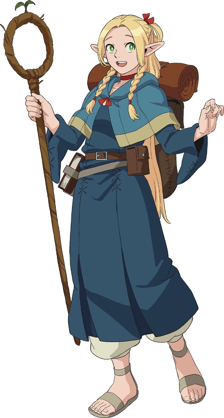 Marcille Donato, the elf mage of Laios's party in Delicious in Dungeon, holding her staff