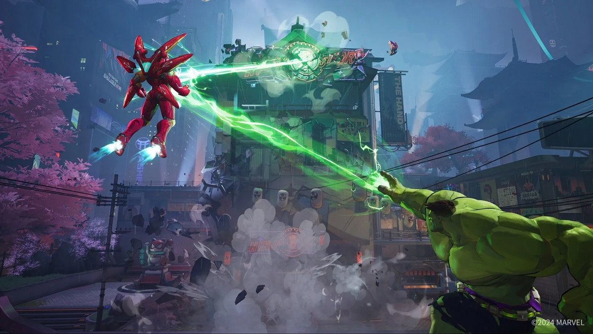 Hulk and Iron Man firing the Gamma Charge team-up ability in Marvel Rivals