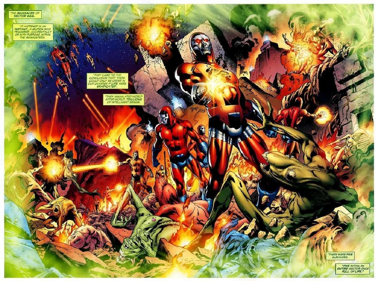 Comic panel depicting the Manhunters massacre of Space Sector 666 from Green Lantern: Secret Origin