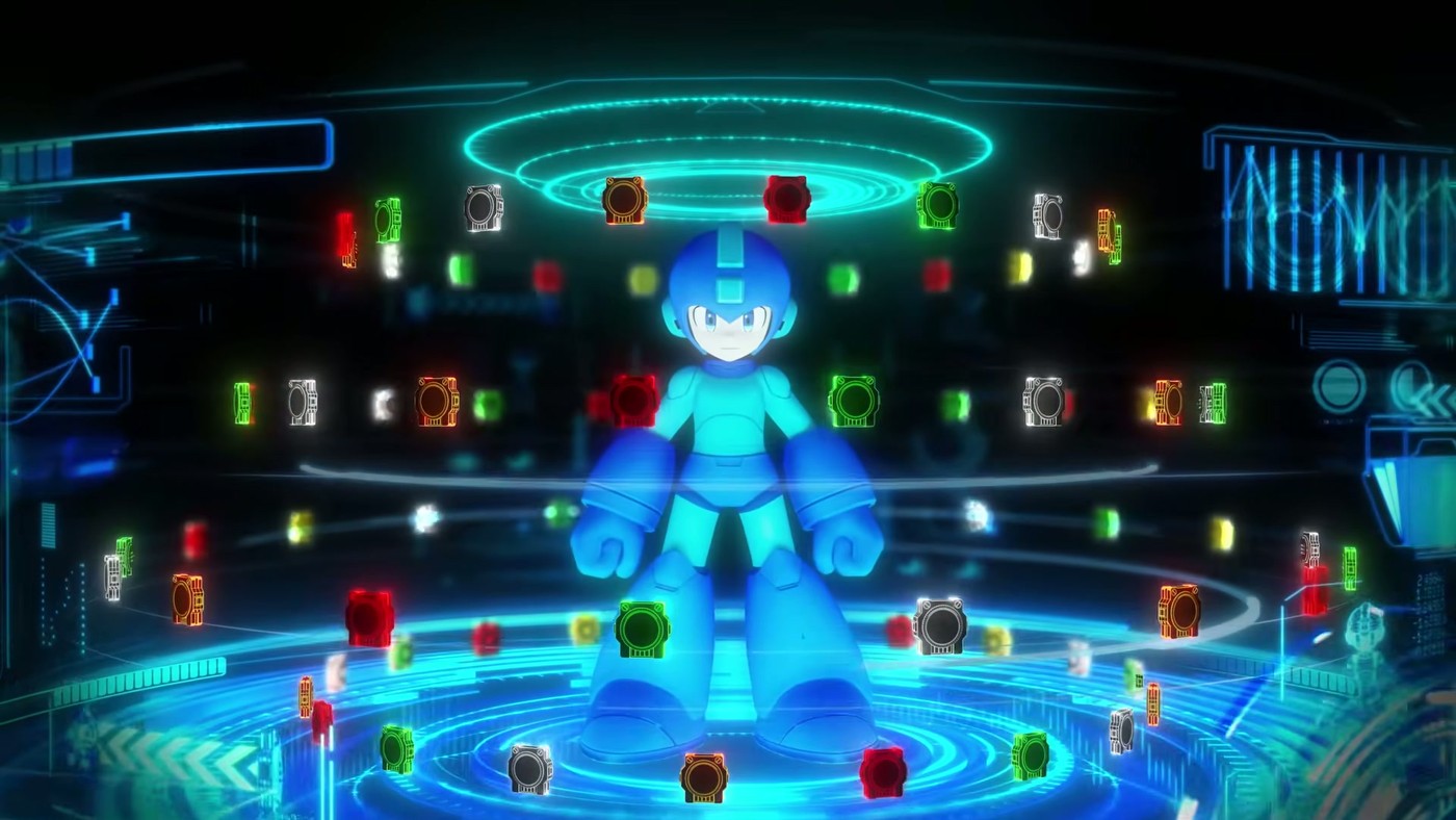 Mega Man surrounded by holographic Custom Chip icons