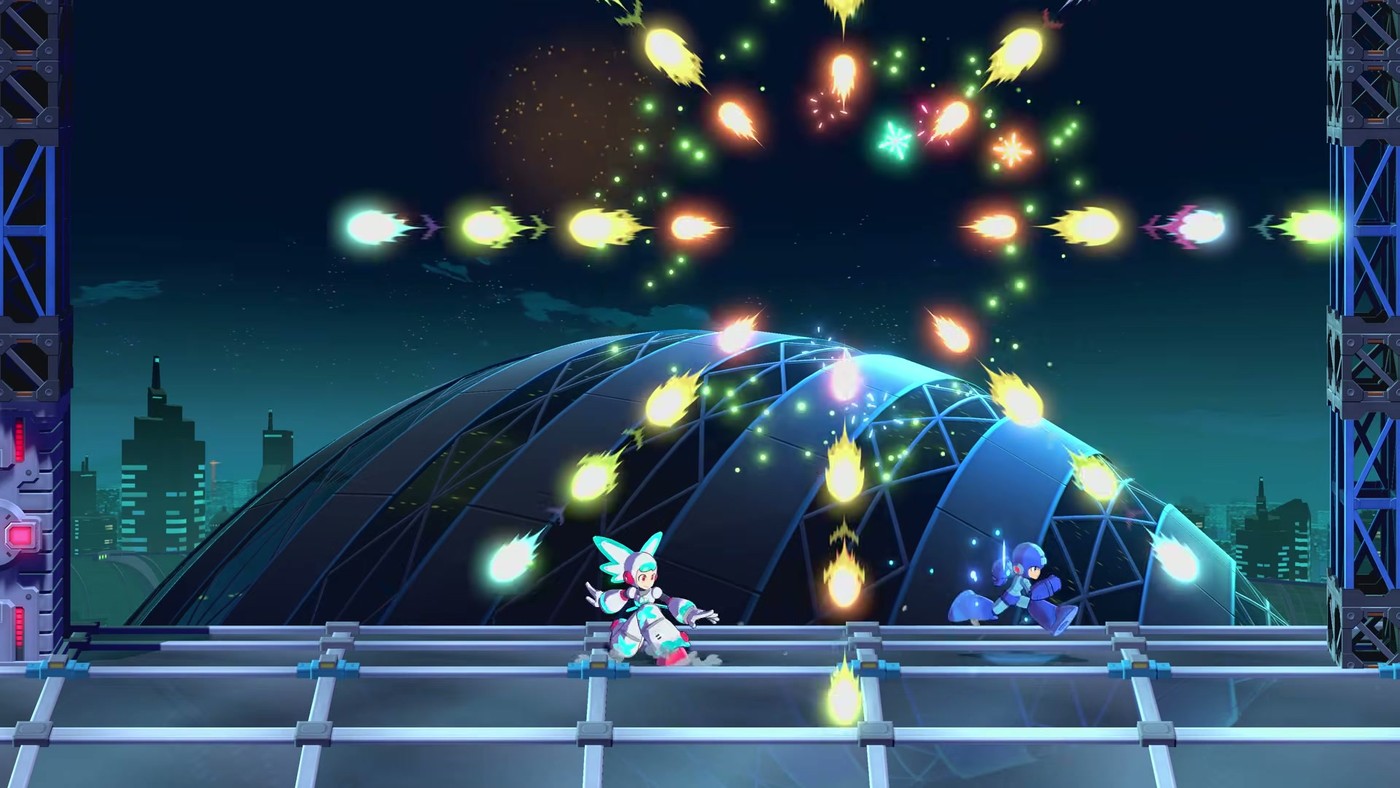 Mega Man and Twinkle Girl fighting exploding robots on the domed rooftop
