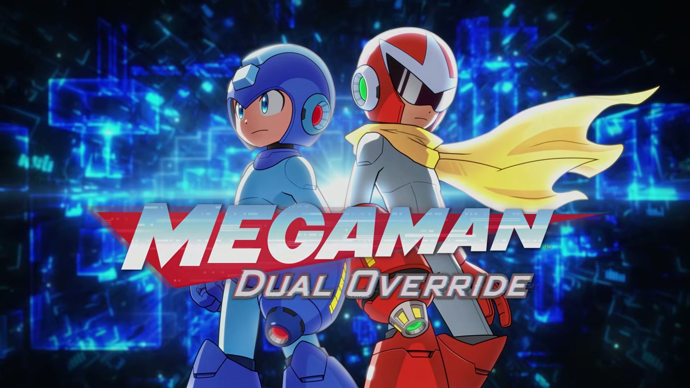 Mega Man and Proto Man stand back to back in front of the logo