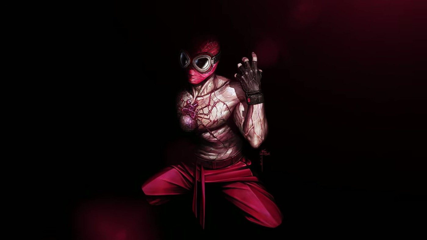 A figure in a red cloth mask with goggles, bare veined torso and red trousers