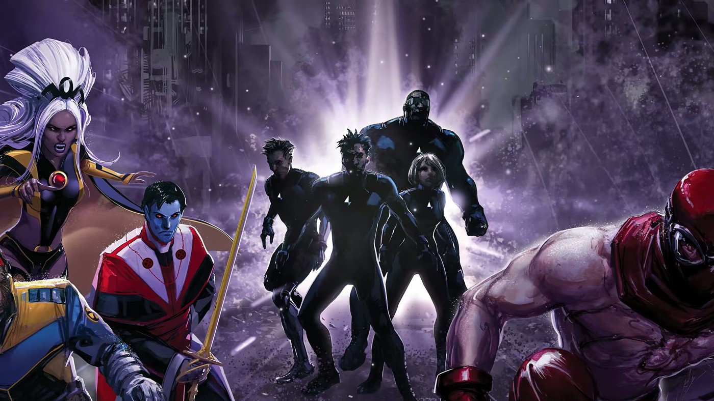 A rain-lit ruined city with classic-costume X-Men beside figures in black bodysuits