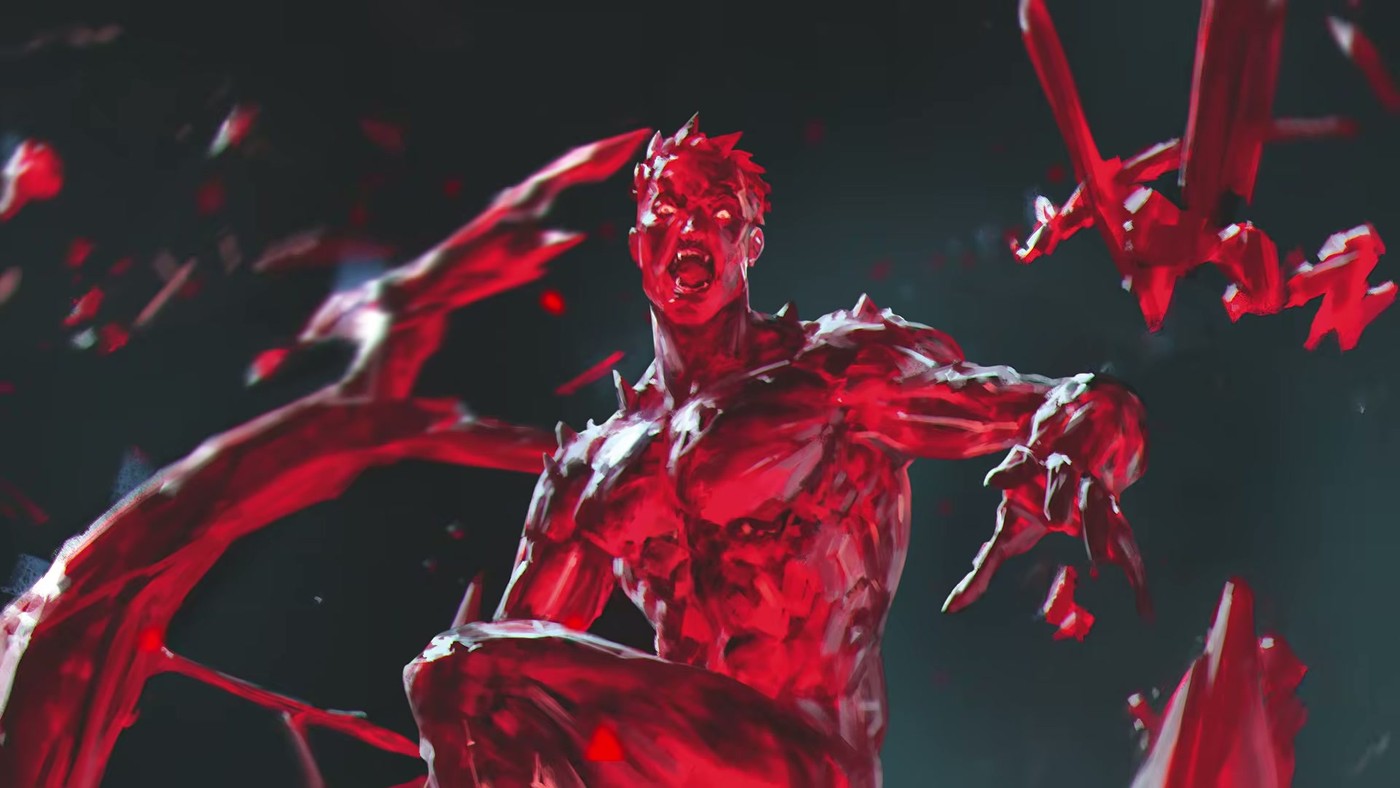A screaming humanoid figure formed from jagged red crystal