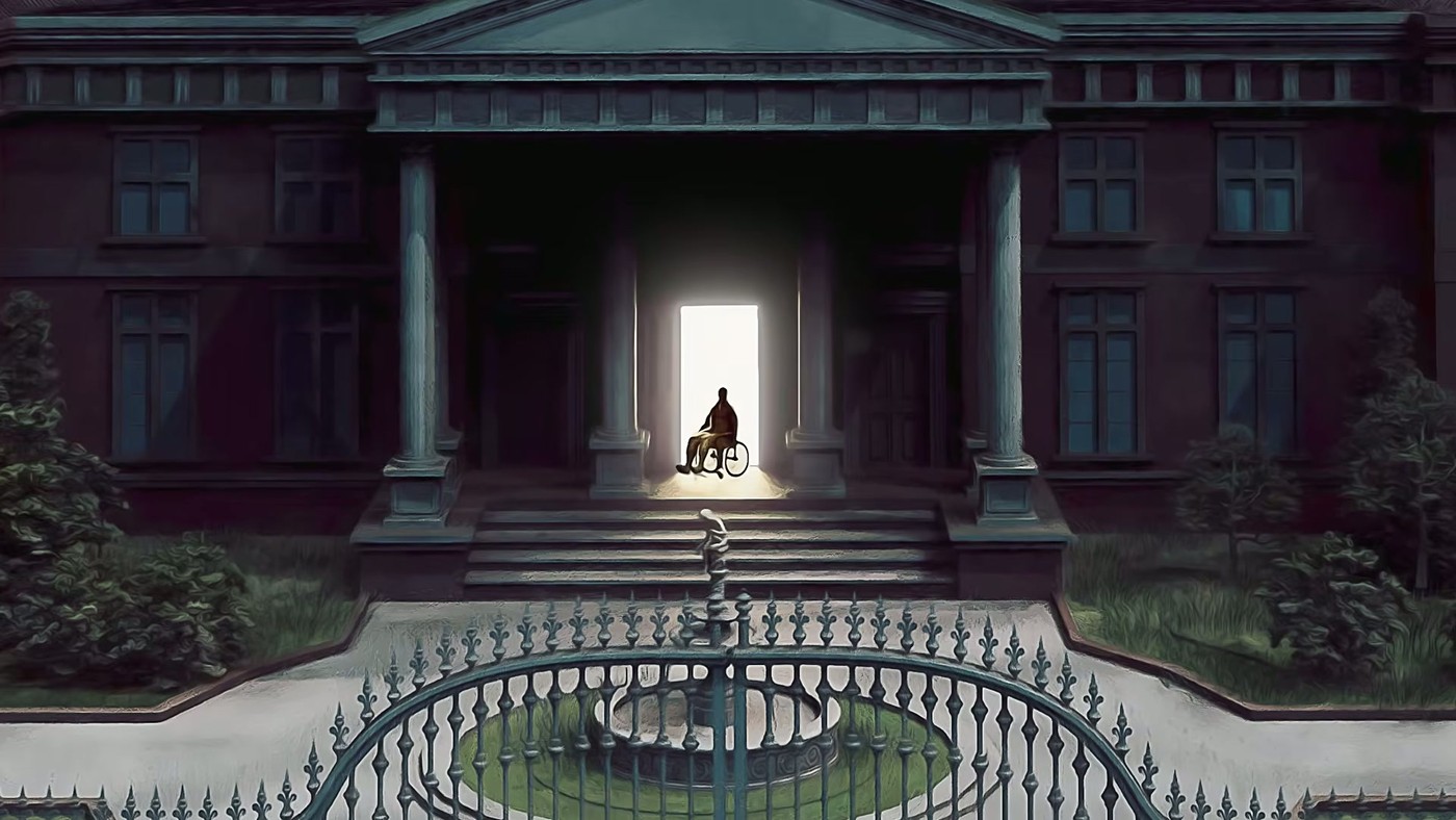 The X-Mansion at night with a wheelchair silhouetted in the lit doorway