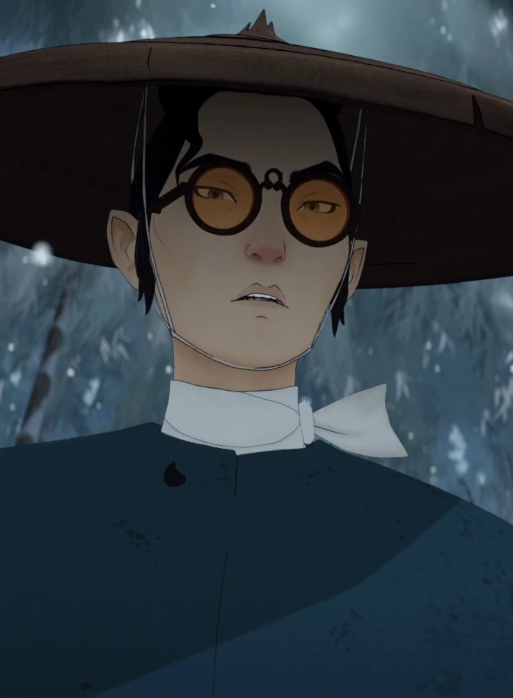 Mizu in a straw hat and blue-tinted glasses in Blue Eye Samurai