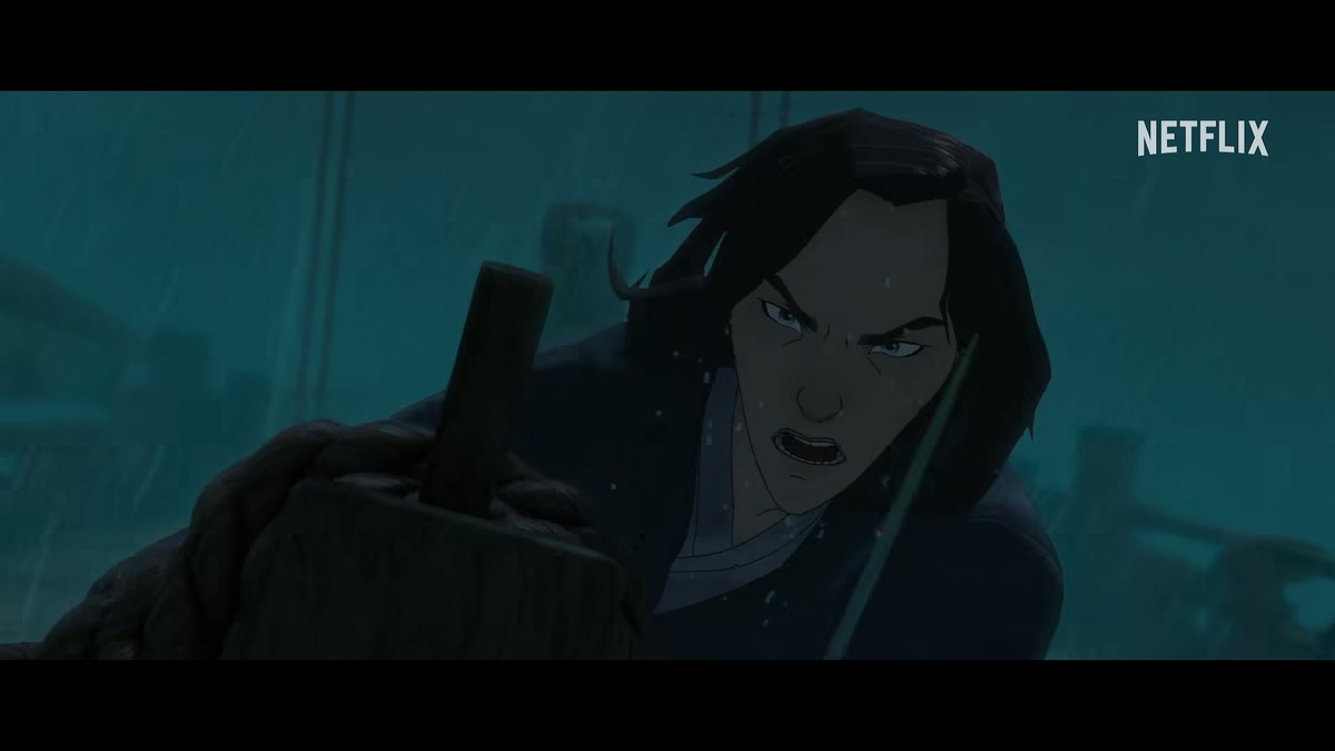Mizu braced against a broken spar in the storm