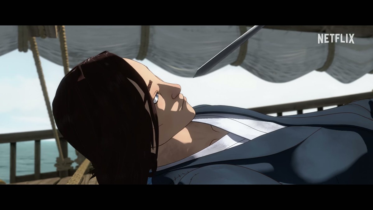 Mizu on her back as a blade descends