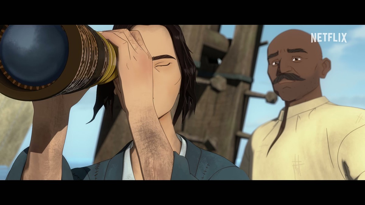 Mizu with a spyglass beside an unidentified crewman