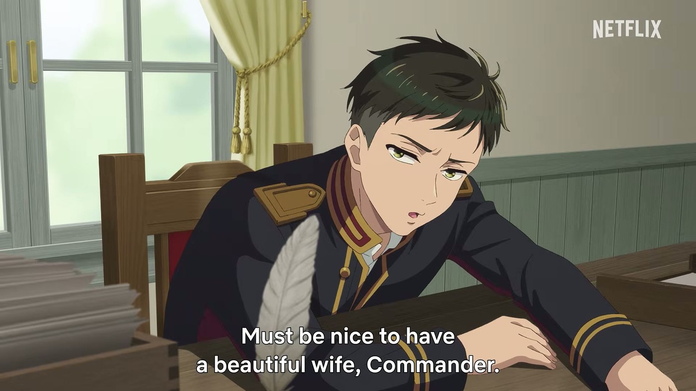 A dark-haired officer in a braided military tunic leaning on a desk, with the subtitle 'Must be nice to have a beautiful wife, Commander.'