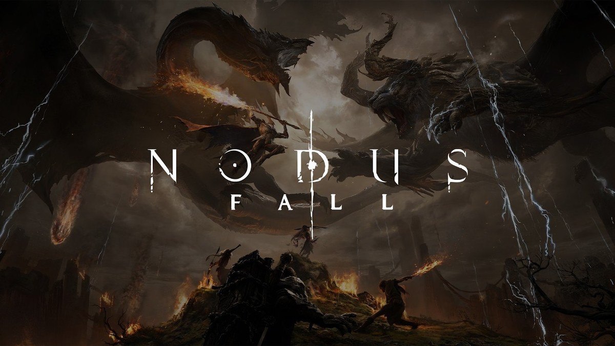 Nodusfall title card showing a dark, dragon-like creature silhouette