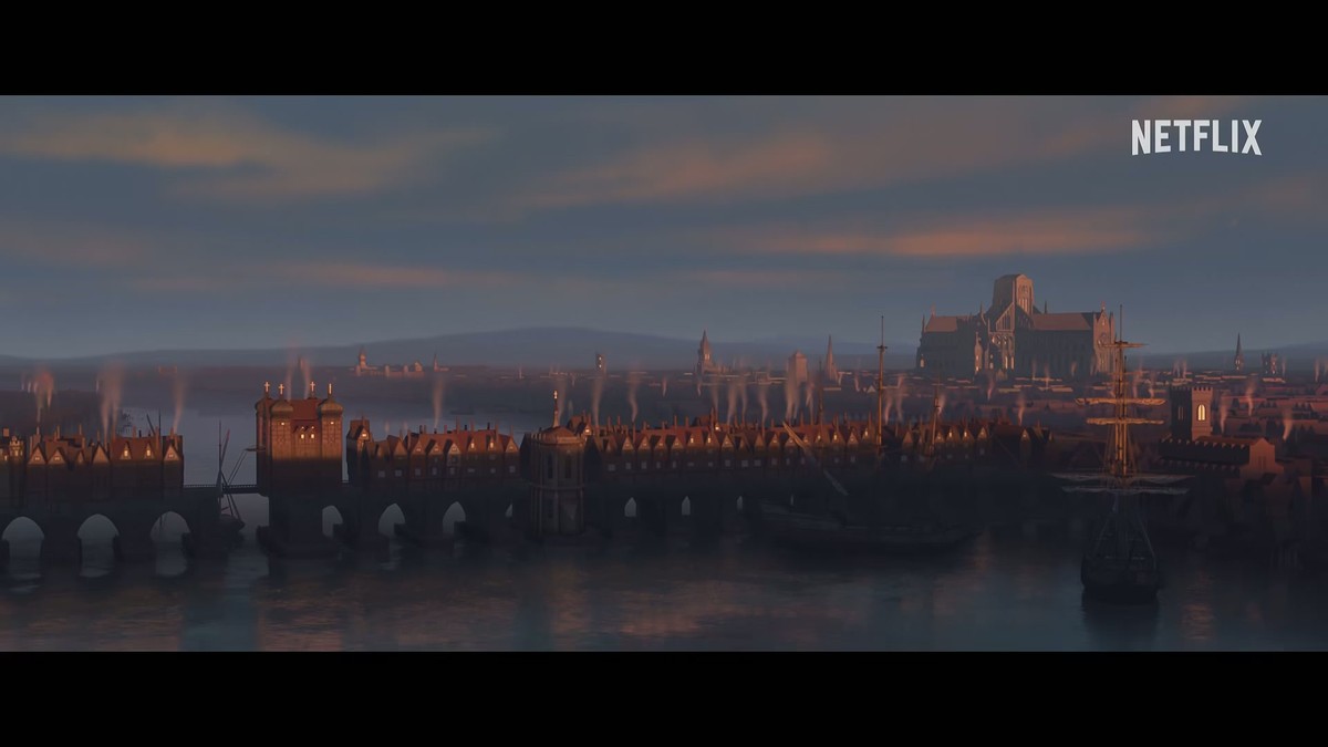 A dusk skyline of Old London Bridge and Old St Paul's