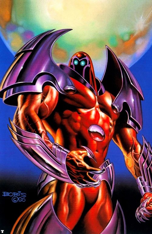 Onslaught in red armor, Marvel Comics art